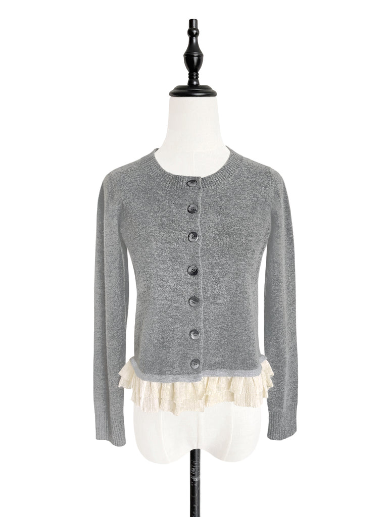 灰色羊絨羊毛混紡雪紡荷葉邊下擺開襟衫