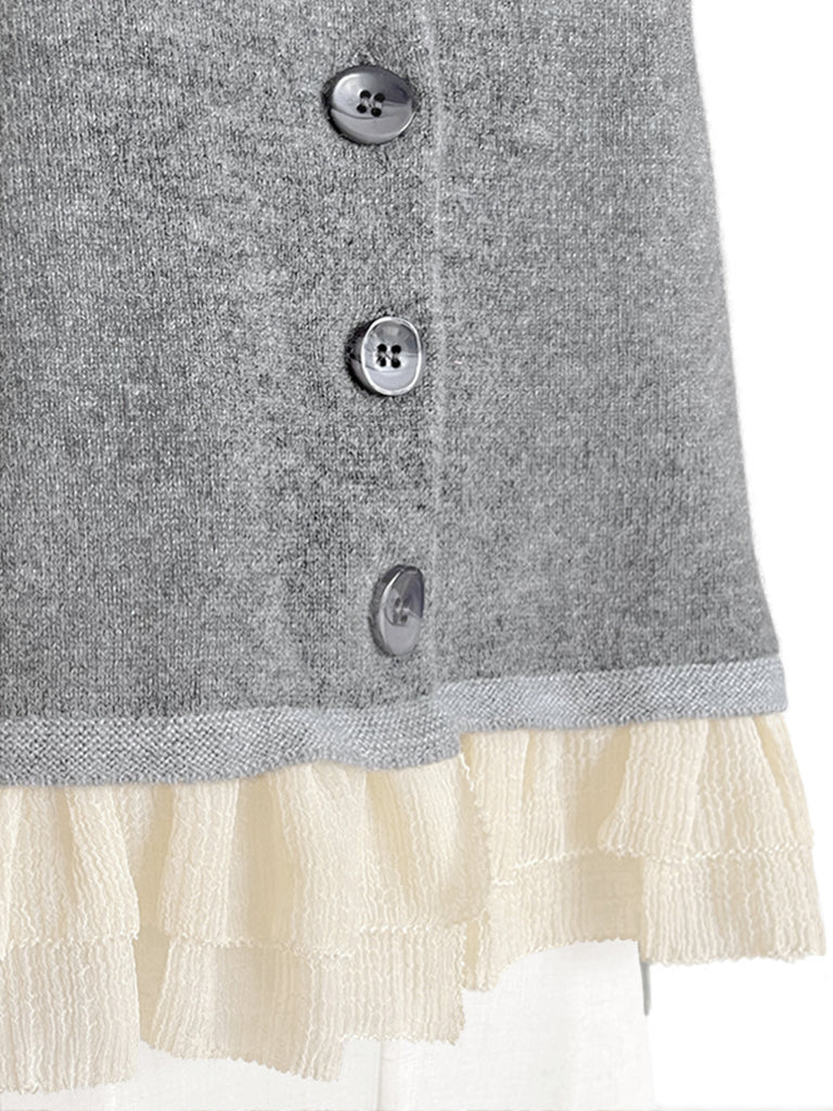 灰色羊絨羊毛混紡雪紡荷葉邊下擺開襟衫