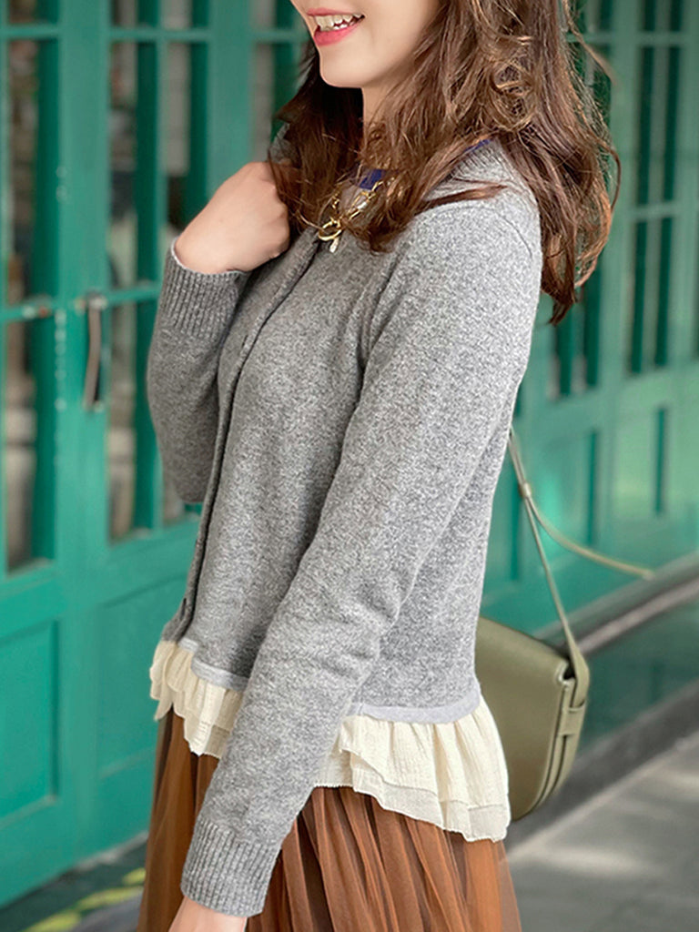 灰色羊絨羊毛混紡雪紡荷葉邊下擺開襟衫