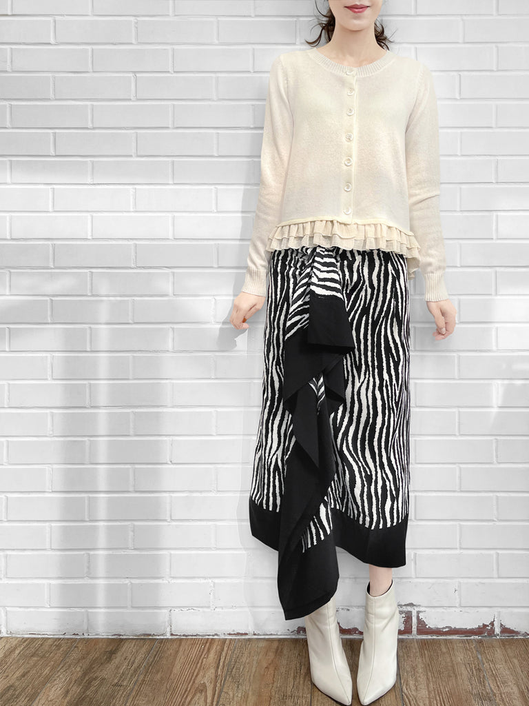 最後的機會!象牙羊絨羊毛混紡雪紡荷葉邊下擺開襟衫