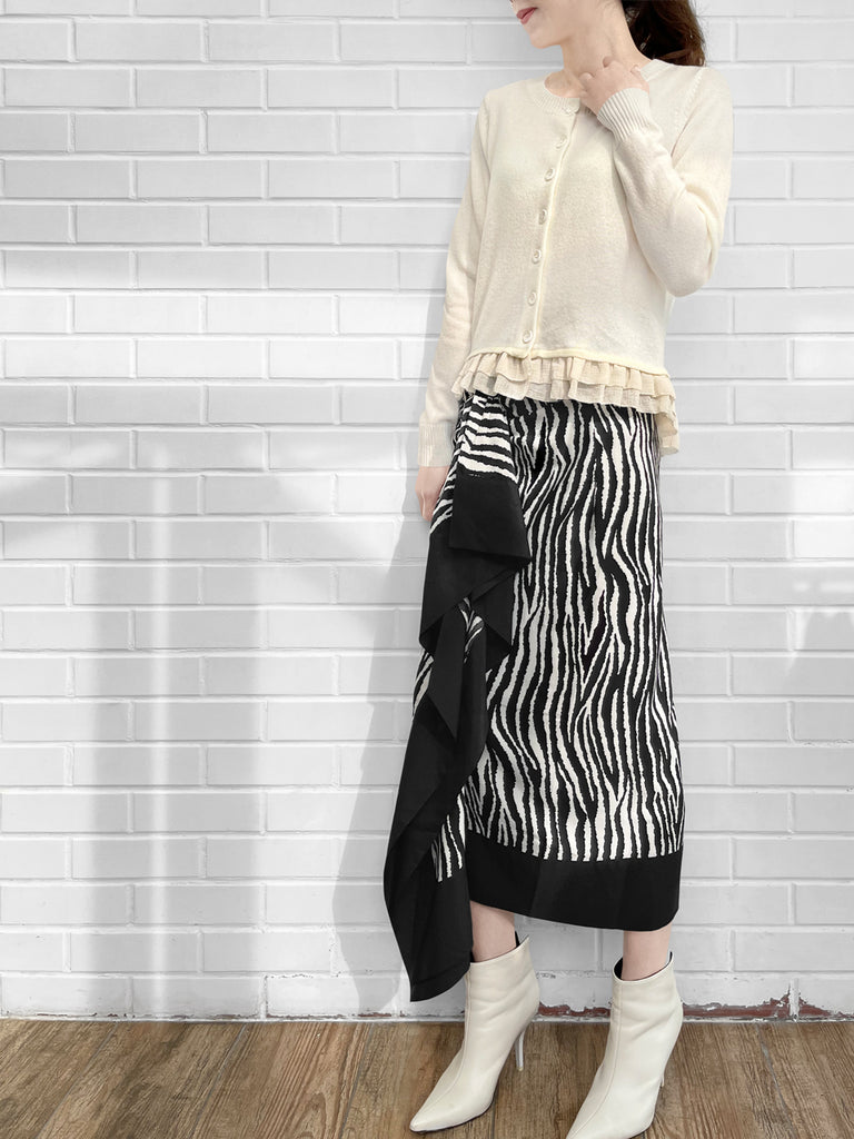 最後的機會!象牙羊絨羊毛混紡雪紡荷葉邊下擺開襟衫