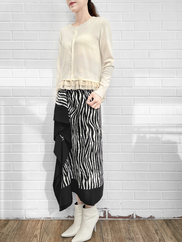 最後的機會!象牙羊絨羊毛混紡雪紡荷葉邊下擺開襟衫