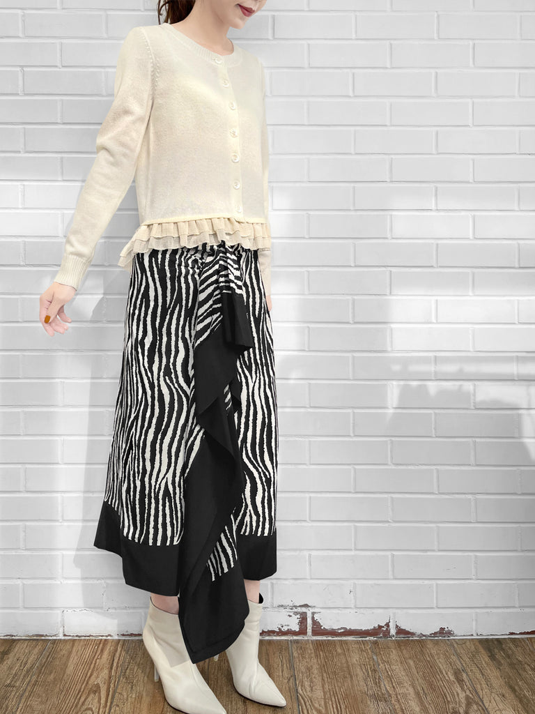 最後的機會!象牙羊絨羊毛混紡雪紡荷葉邊下擺開襟衫