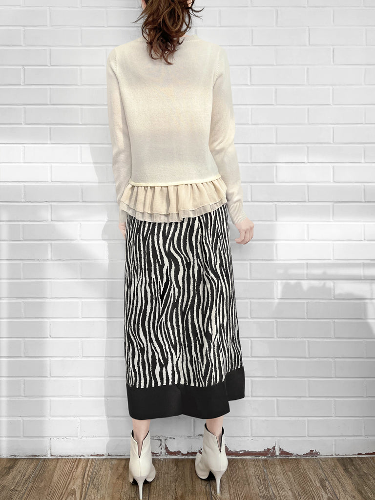 最後的機會!象牙羊絨羊毛混紡雪紡荷葉邊下擺開襟衫