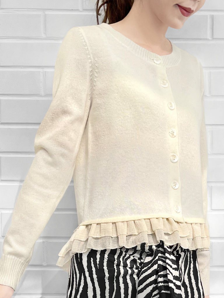 最後的機會!象牙羊絨羊毛混紡雪紡荷葉邊下擺開襟衫