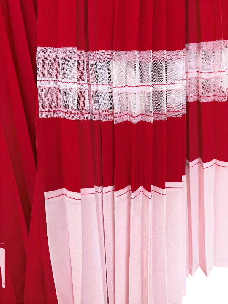 驚喜促銷!紅色色調網布拼接百褶手帕下擺裙