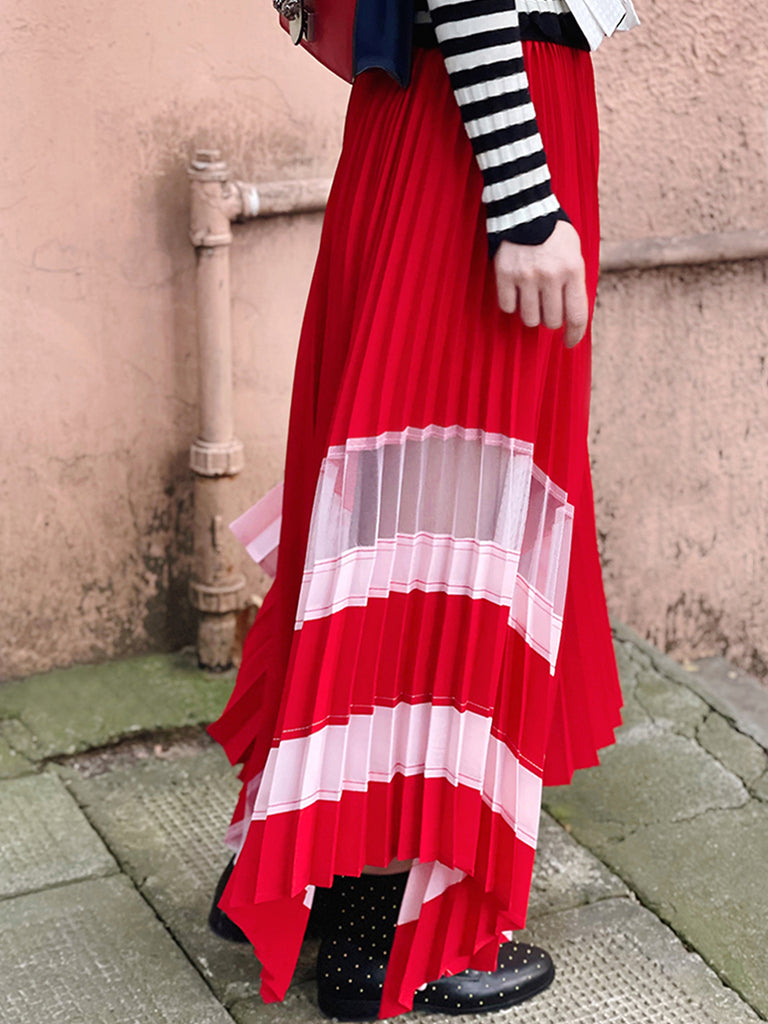 驚喜促銷!紅色色調網布拼接百褶手帕下擺裙