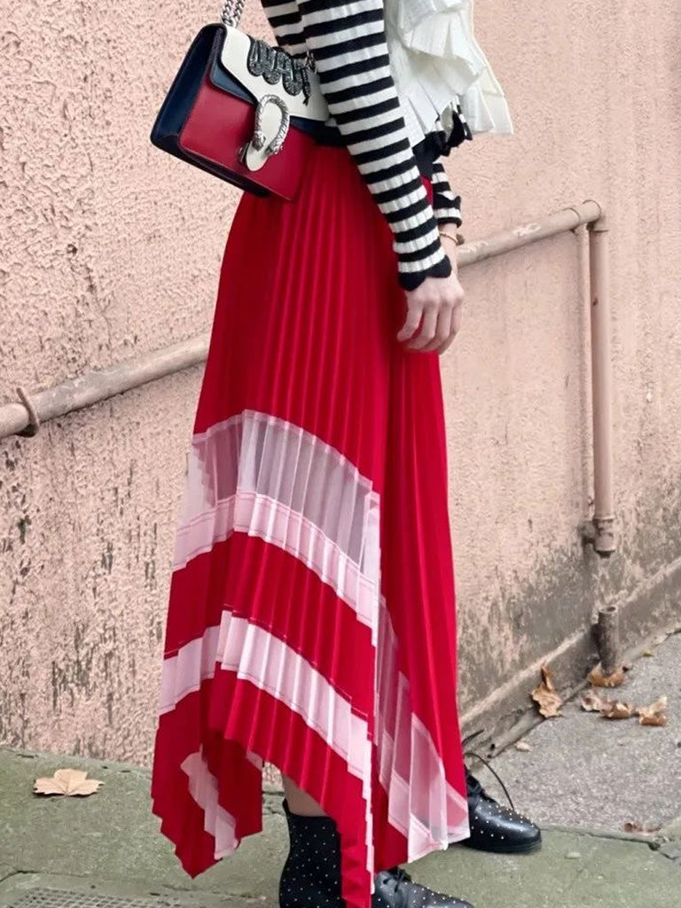 驚喜促銷!紅色色調網布拼接百褶手帕下擺裙