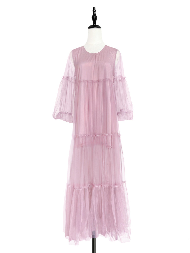 Pinky-Day! Pinky Balloon Sleeve Tiered Ruffle Tulle Maxi Dress