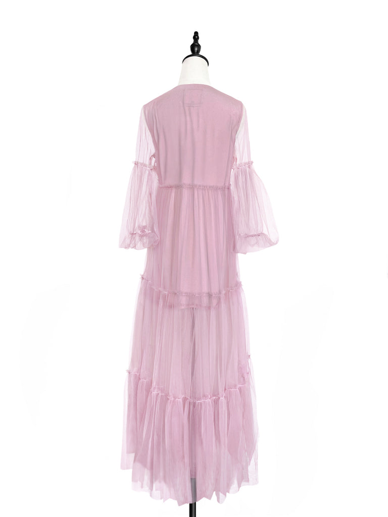 Pinky-Day! Pinky Balloon Sleeve Tiered Ruffle Tulle Maxi Dress