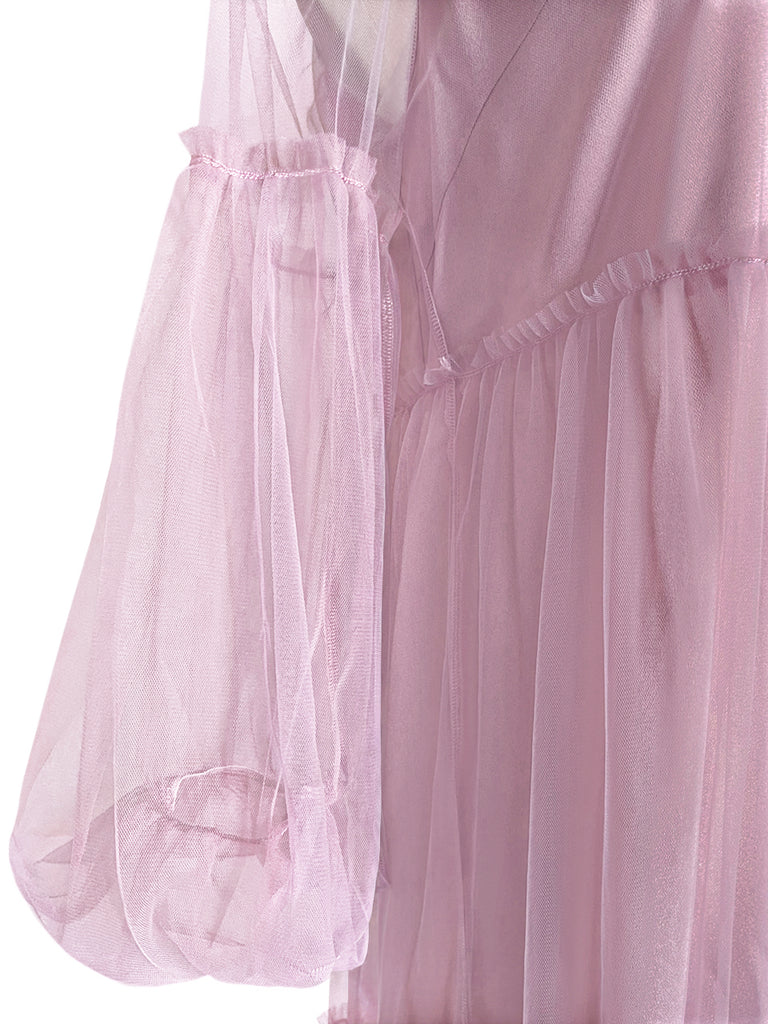 Pinky-Day! Pinky Balloon Sleeve Tiered Ruffle Tulle Maxi Dress