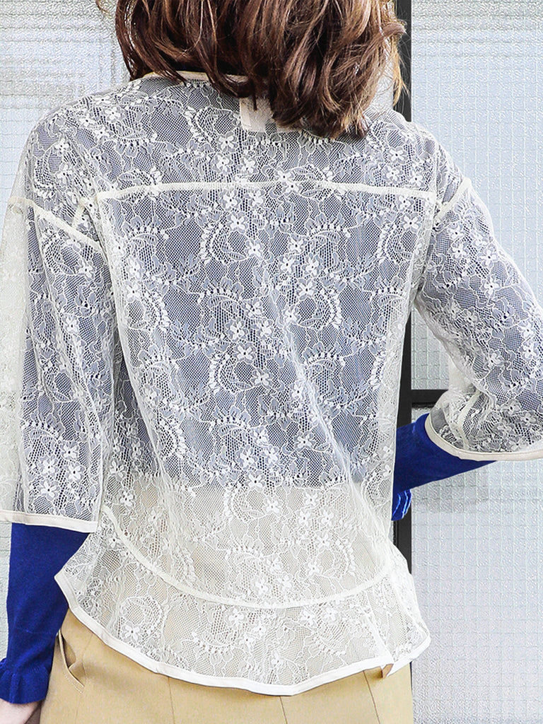 Last Chance! Ivory-White Floral Lace Cropped Peplum Blouse