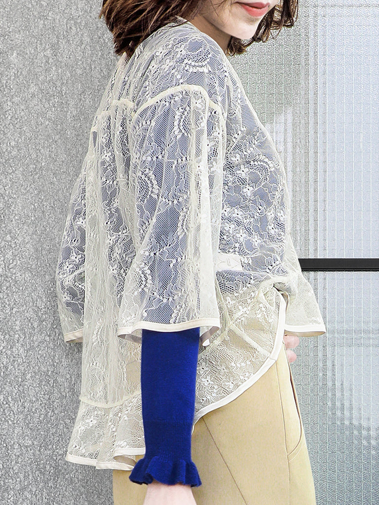 Last Chance! Ivory-White Floral Lace Cropped Peplum Blouse