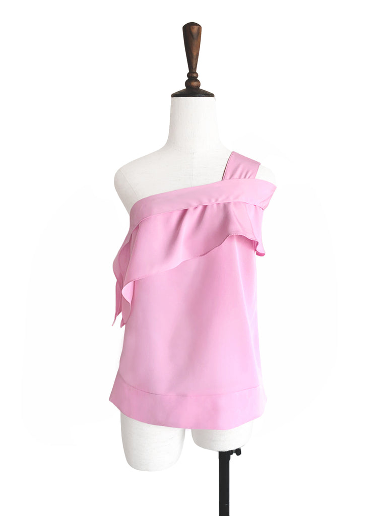 Pinky-Day! Pink One-Shoulder Draped Ruffle Blouse