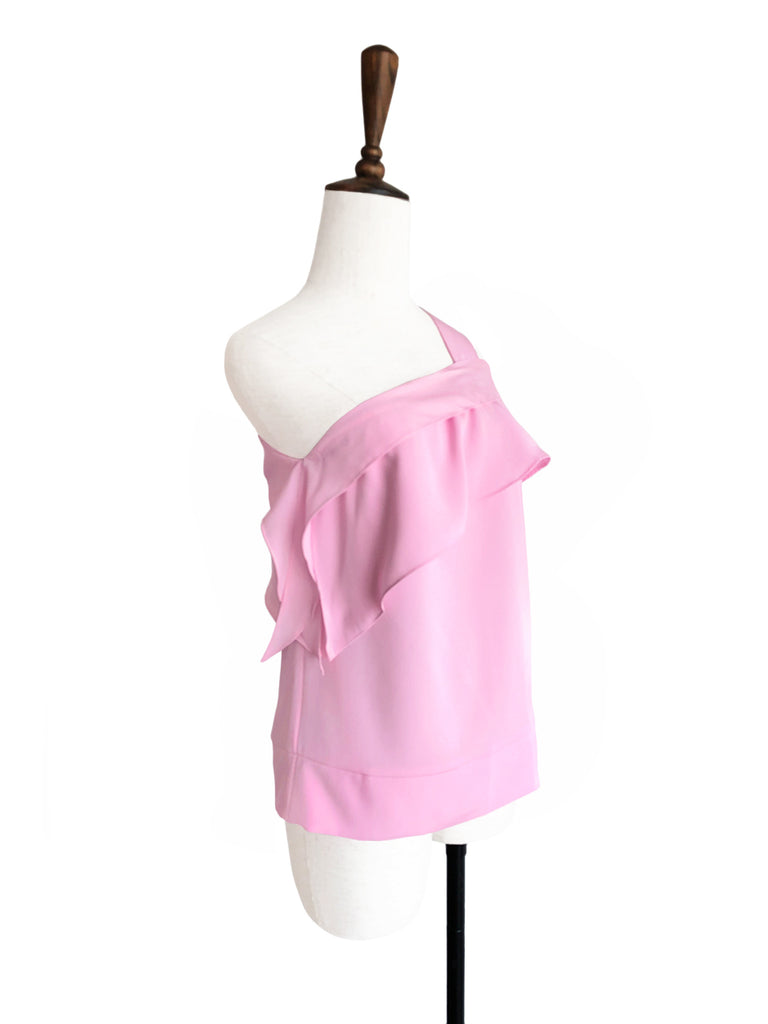 Pinky-Day! Pink One-Shoulder Draped Ruffle Blouse