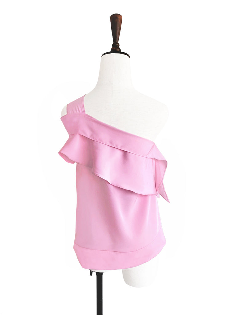 Pinky-Day! Pink One-Shoulder Draped Ruffle Blouse