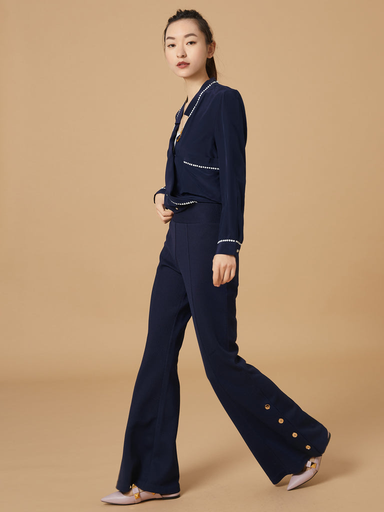 Final Sale! Navy Loose Fit Lace Trim Silk Blouse