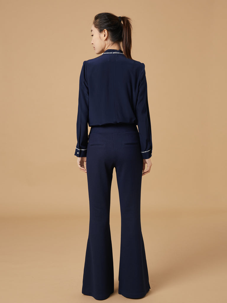 Final Sale! Navy Loose Fit Lace Trim Silk Blouse