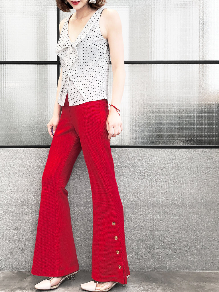 Rose Red Flare Leg Pull On Button Pants