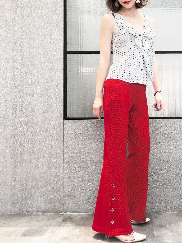 Rose Red Flare Leg Pull On Button Pants