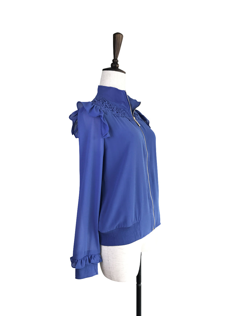 Last Chance! Navy Chiffon Lace Patch Ruffle Track Jacket