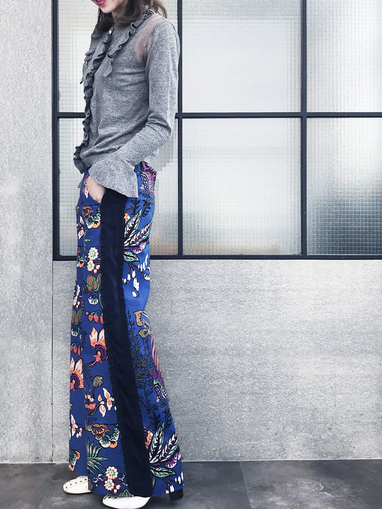 Further Sale! Lustrous Floral Print Ruffle Sides Wide-Leg Trousers