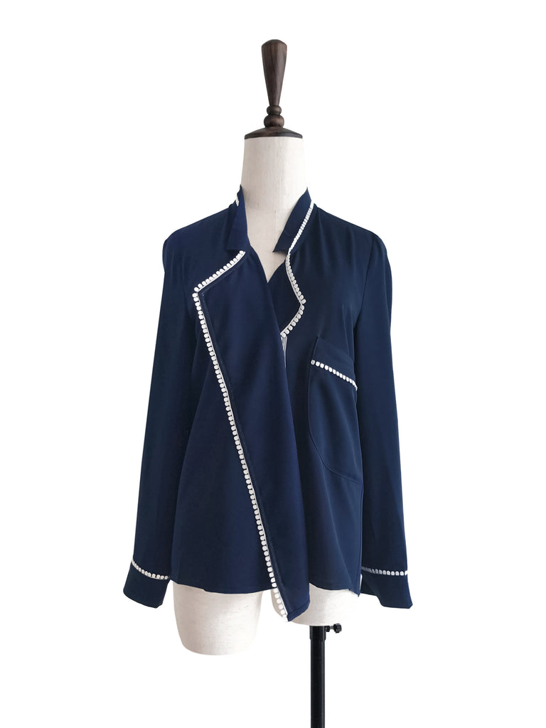 Final Sale! Navy Loose Fit Lace Trim Silk Blouse