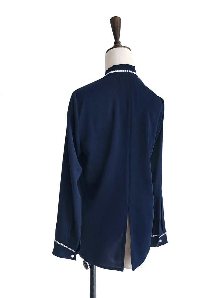 Final Sale! Navy Loose Fit Lace Trim Silk Blouse