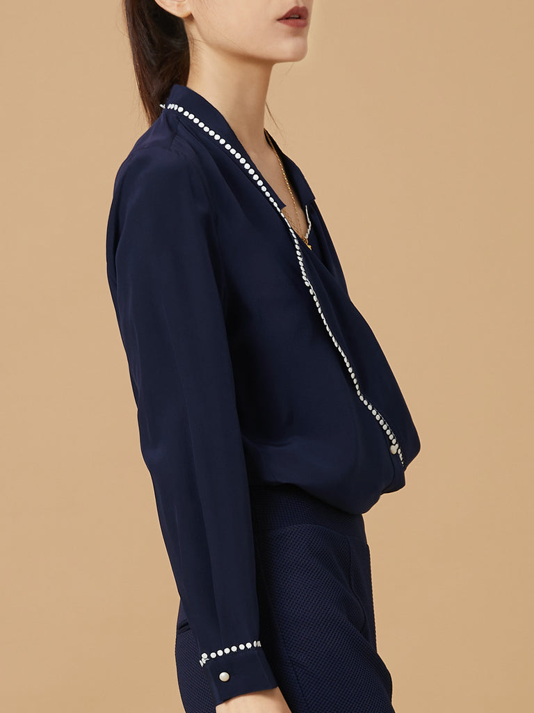 Final Sale! Navy Loose Fit Lace Trim Silk Blouse