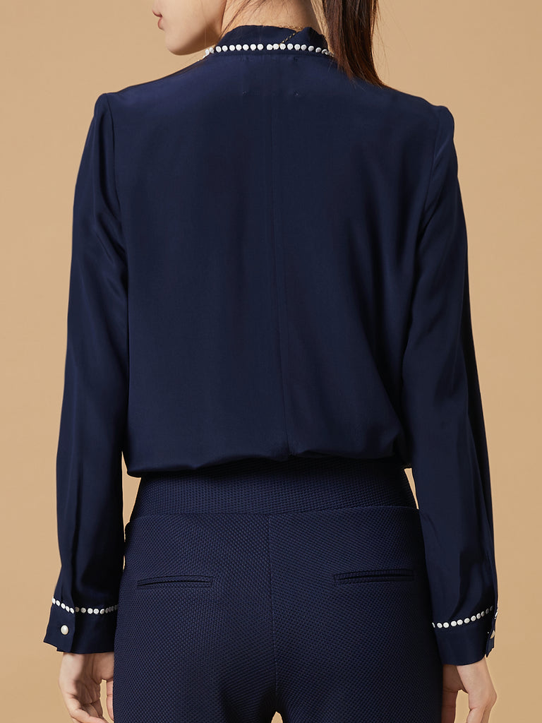 Final Sale! Navy Loose Fit Lace Trim Silk Blouse