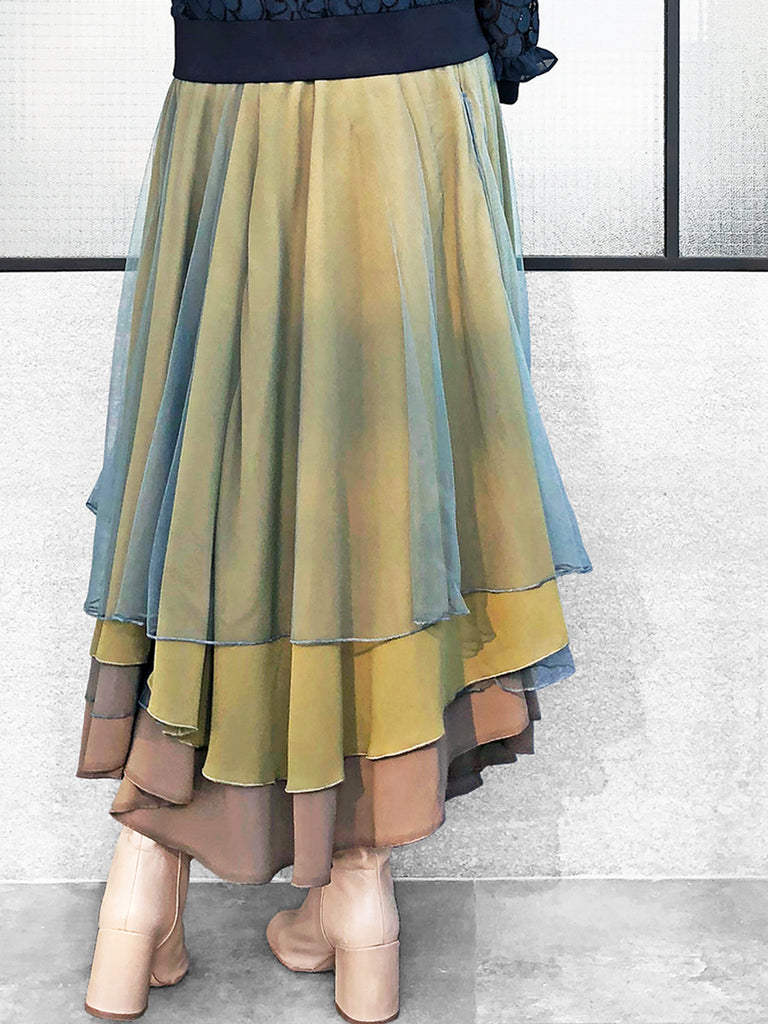 最後的機會!分層紋理軍綠色薄紗長裙