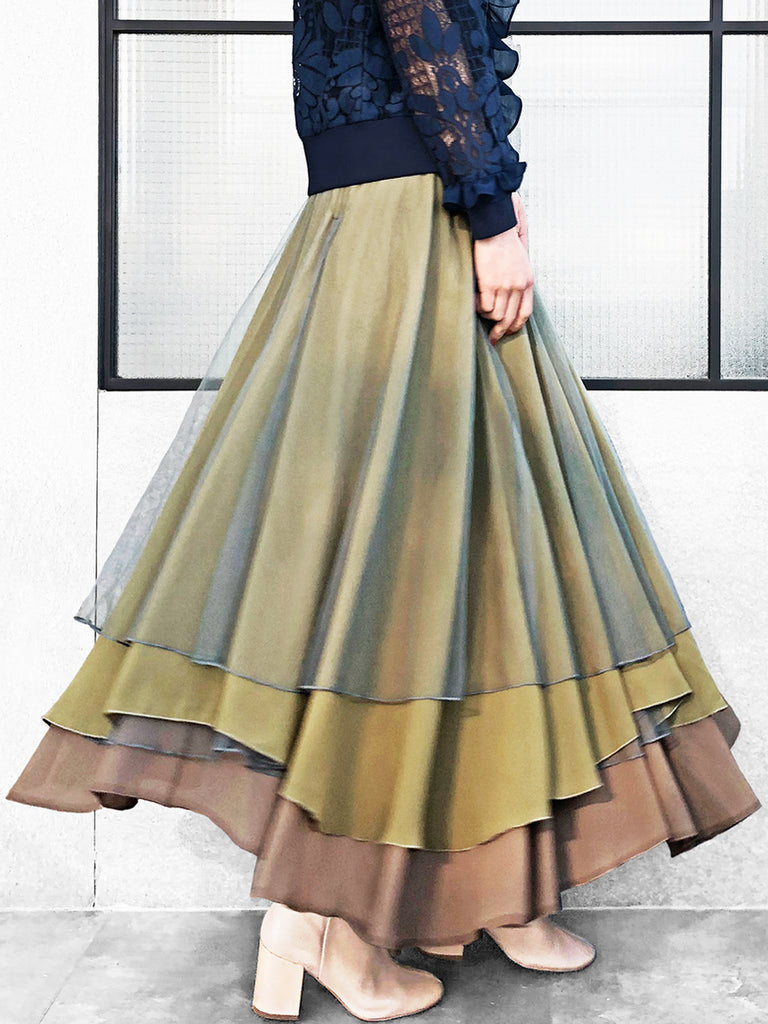 最後的機會!分層紋理軍綠色薄紗長裙