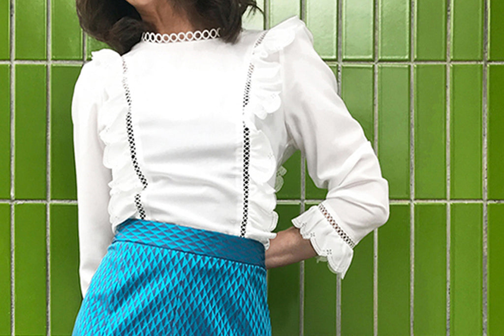 Further Sale! White Open-Work Slim Silhouette Ruffle Blouse