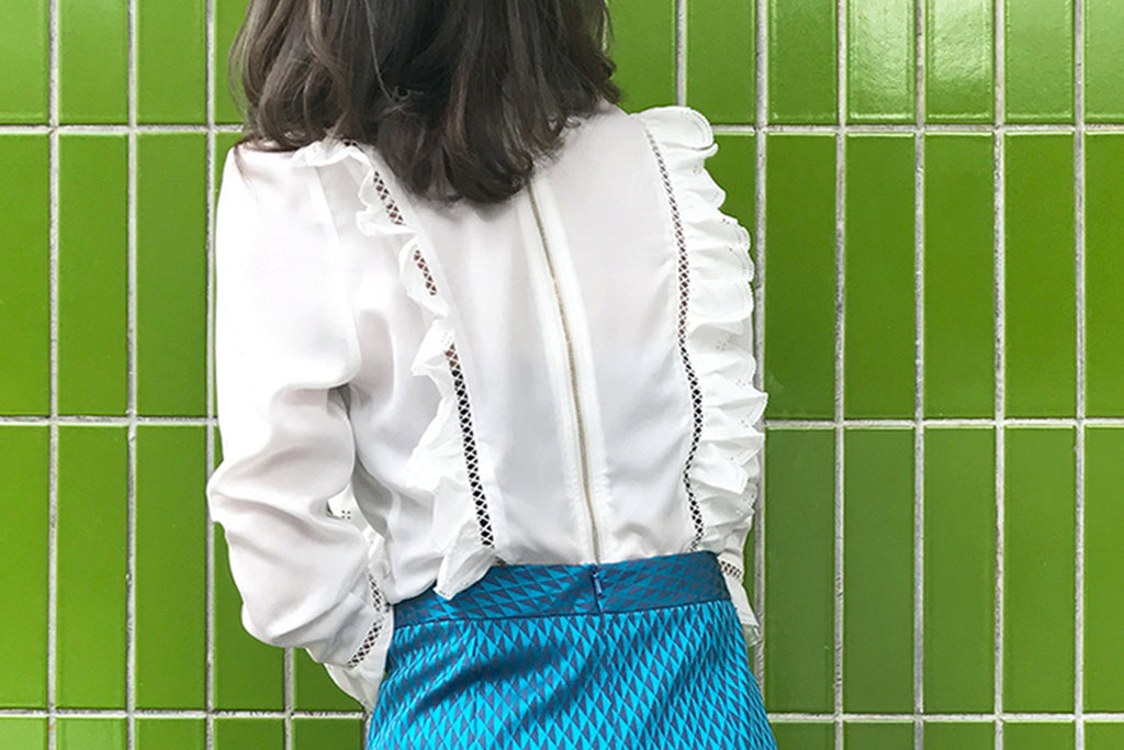 Further Sale! White Open-Work Slim Silhouette Ruffle Blouse