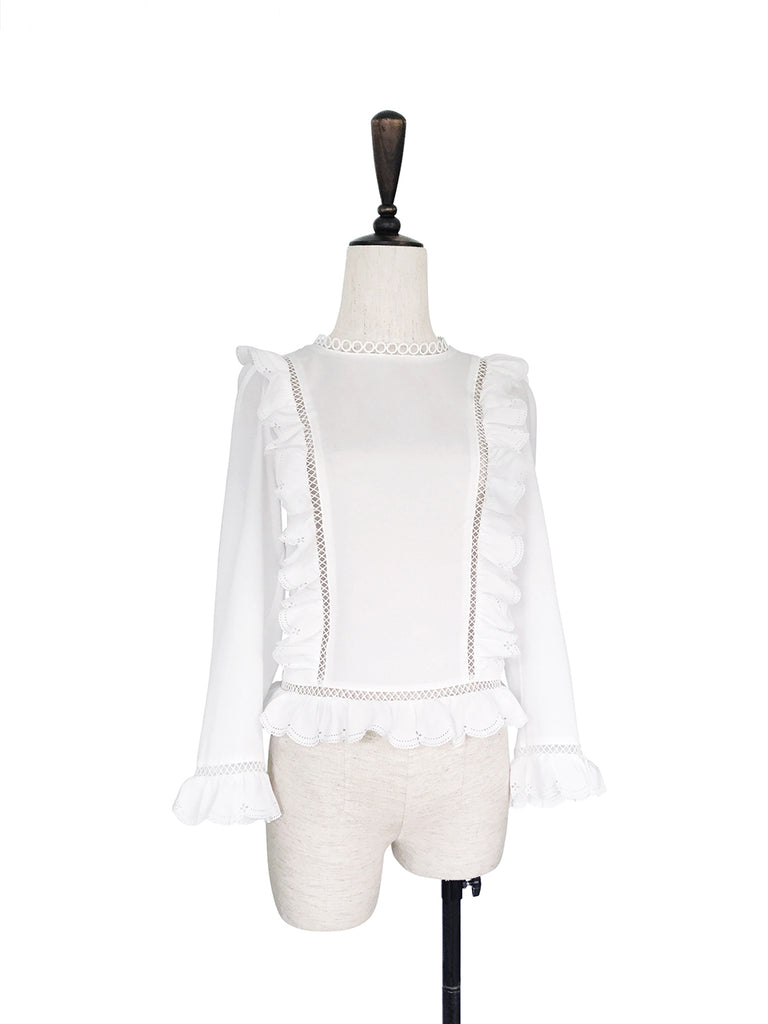 Further Sale! White Open-Work Slim Silhouette Ruffle Blouse