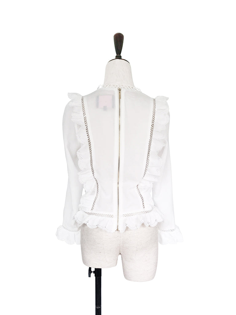 Further Sale! White Open-Work Slim Silhouette Ruffle Blouse