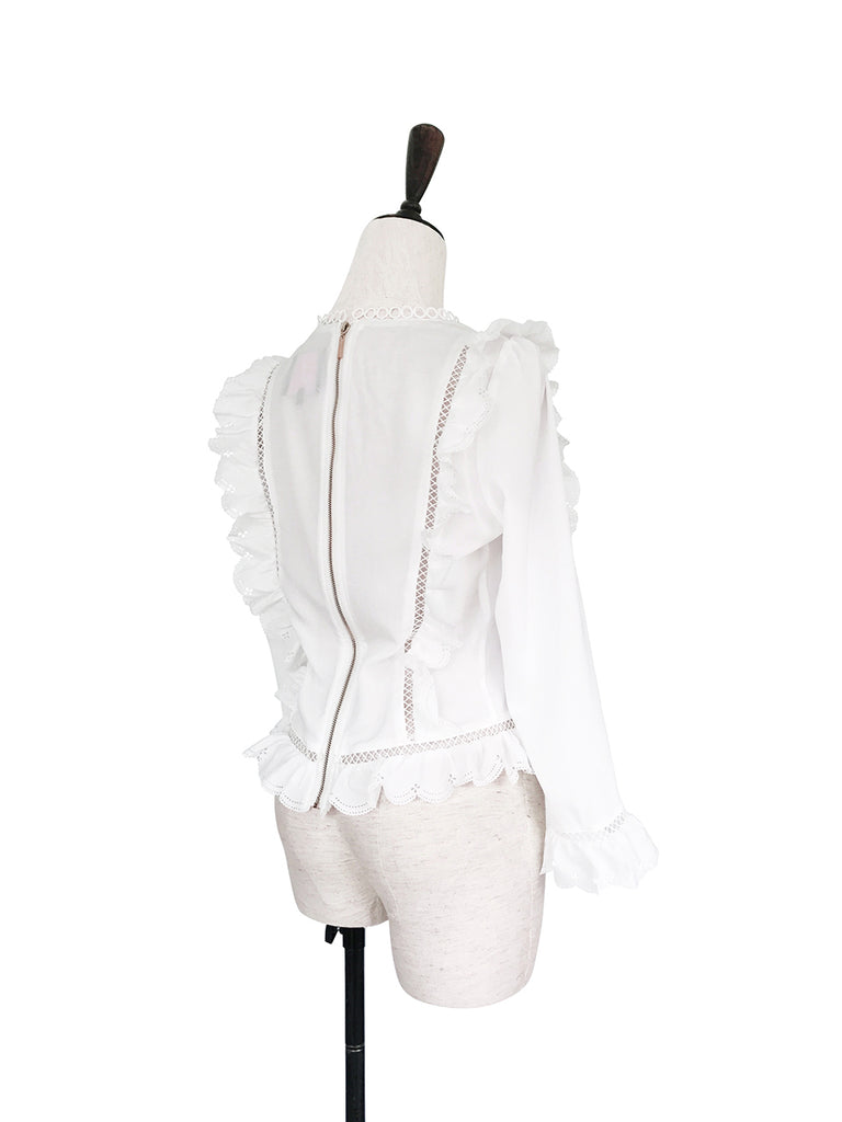 Further Sale! White Open-Work Slim Silhouette Ruffle Blouse