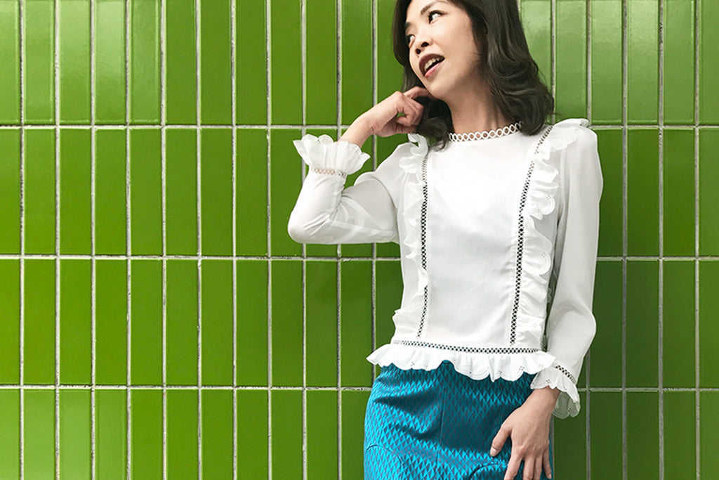 Further Sale! White Open-Work Slim Silhouette Ruffle Blouse