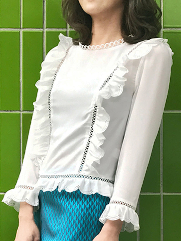 Further Sale! White Open-Work Slim Silhouette Ruffle Blouse
