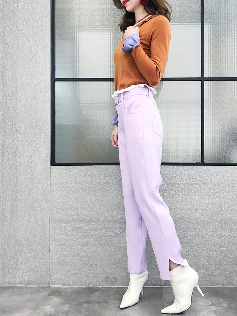 Last Chance! Lilac Ruffle Waist Straight Leg Trousers