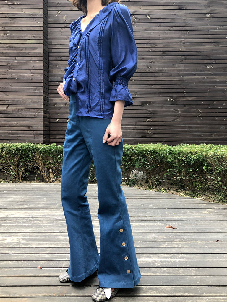 Further Sale! Blue Silk Ruffle Collar Pleats Panel Blouse
