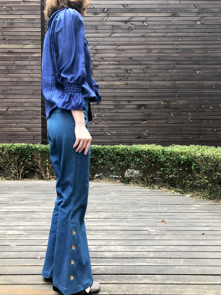 Further Sale! Blue Silk Ruffle Collar Pleats Panel Blouse