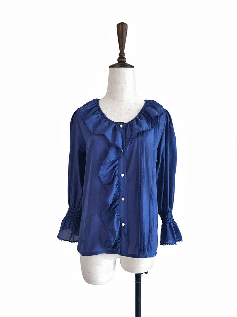 Further Sale! Blue Silk Ruffle Collar Pleats Panel Blouse
