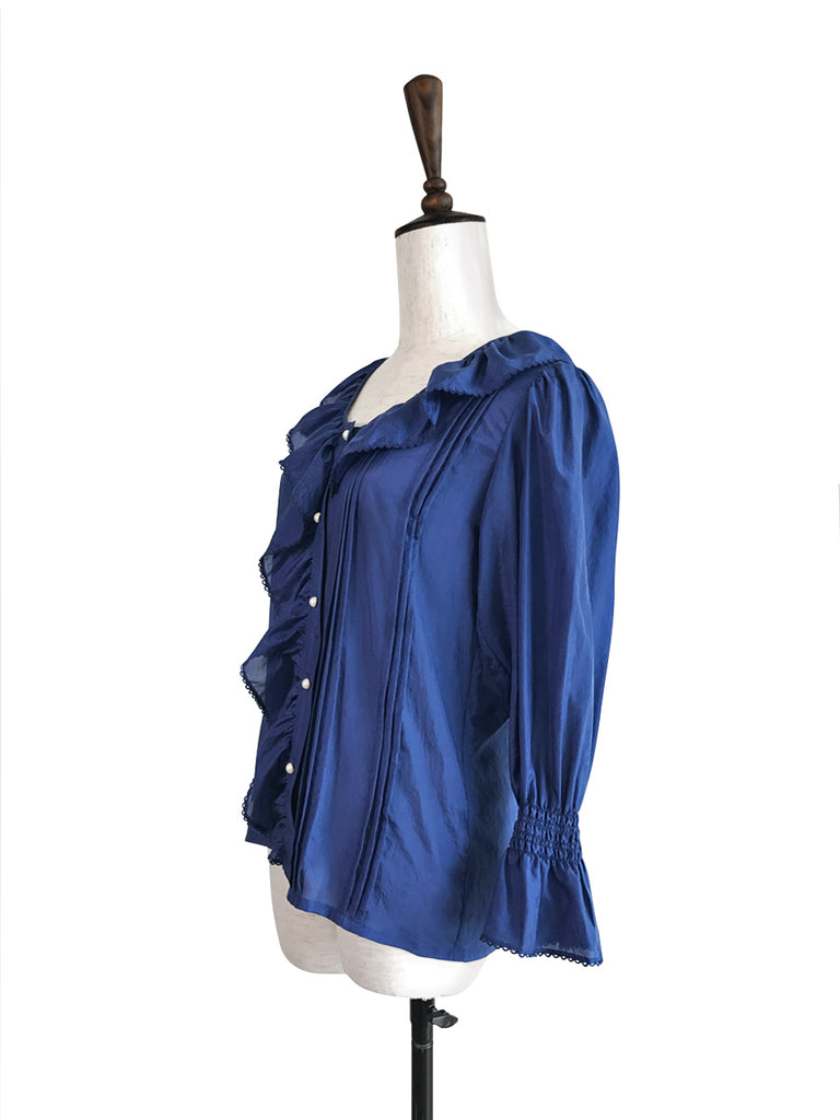 Further Sale! Blue Silk Ruffle Collar Pleats Panel Blouse