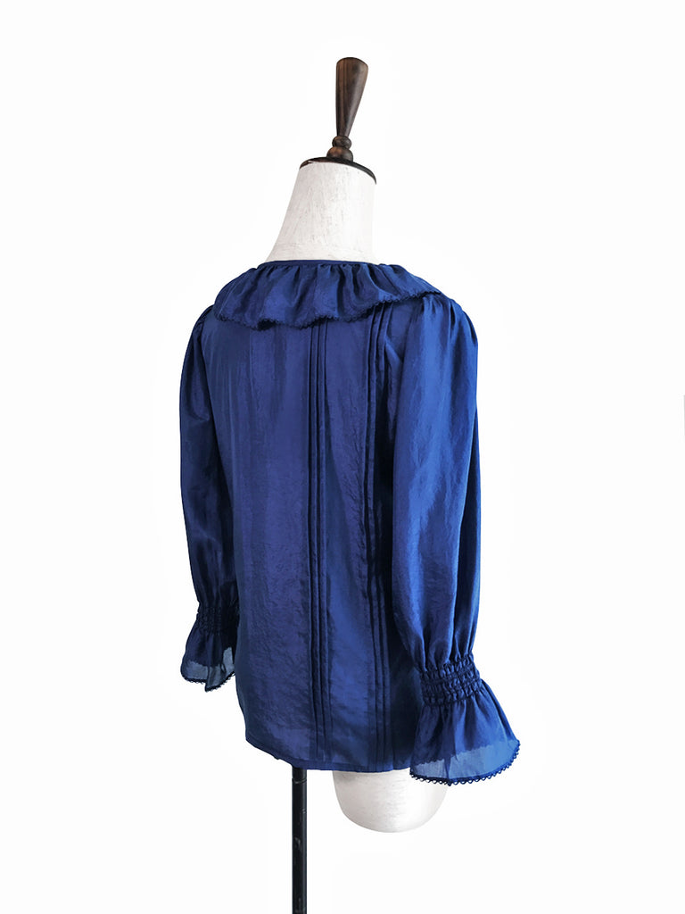 Further Sale! Blue Silk Ruffle Collar Pleats Panel Blouse