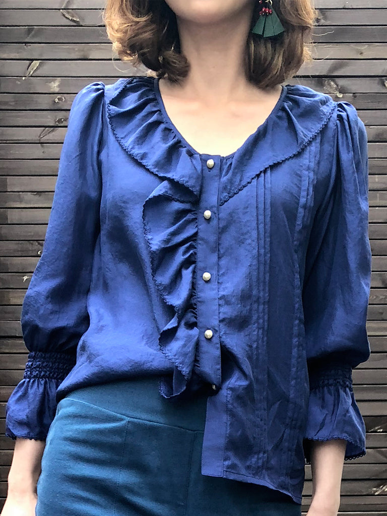 Further Sale! Blue Silk Ruffle Collar Pleats Panel Blouse
