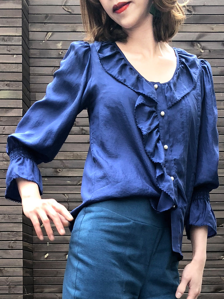 Further Sale! Blue Silk Ruffle Collar Pleats Panel Blouse