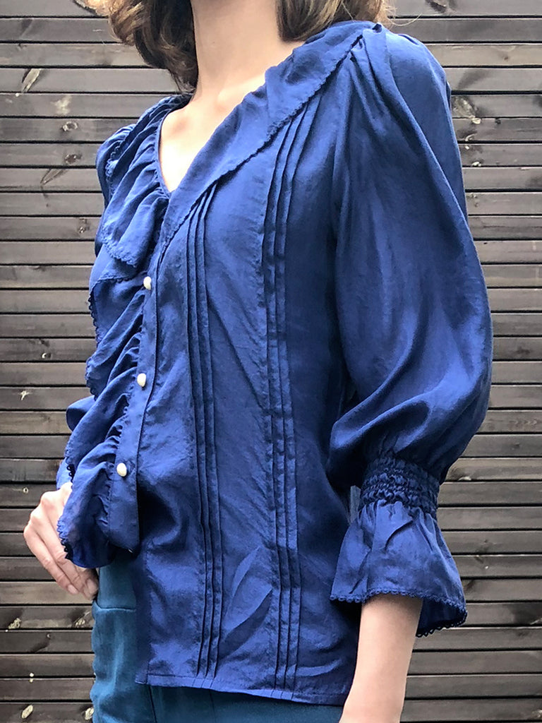 Further Sale! Blue Silk Ruffle Collar Pleats Panel Blouse