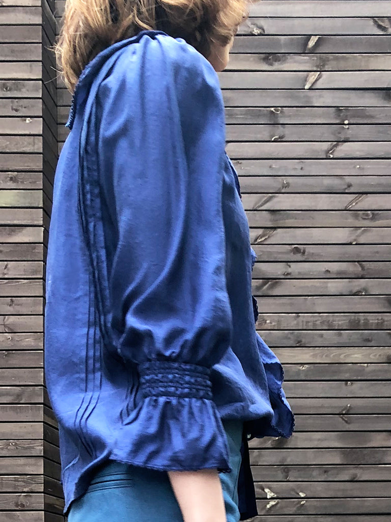 Further Sale! Blue Silk Ruffle Collar Pleats Panel Blouse