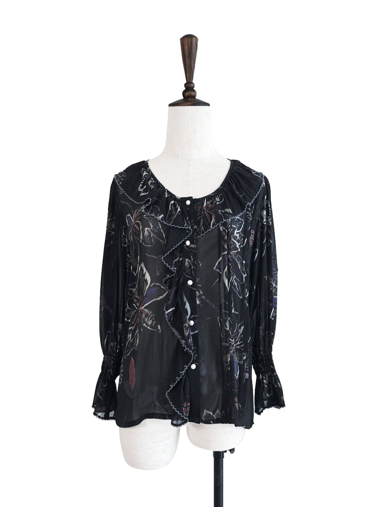 Last Chance! Black Print Ruffle Collar Pleats Panel Blouse
